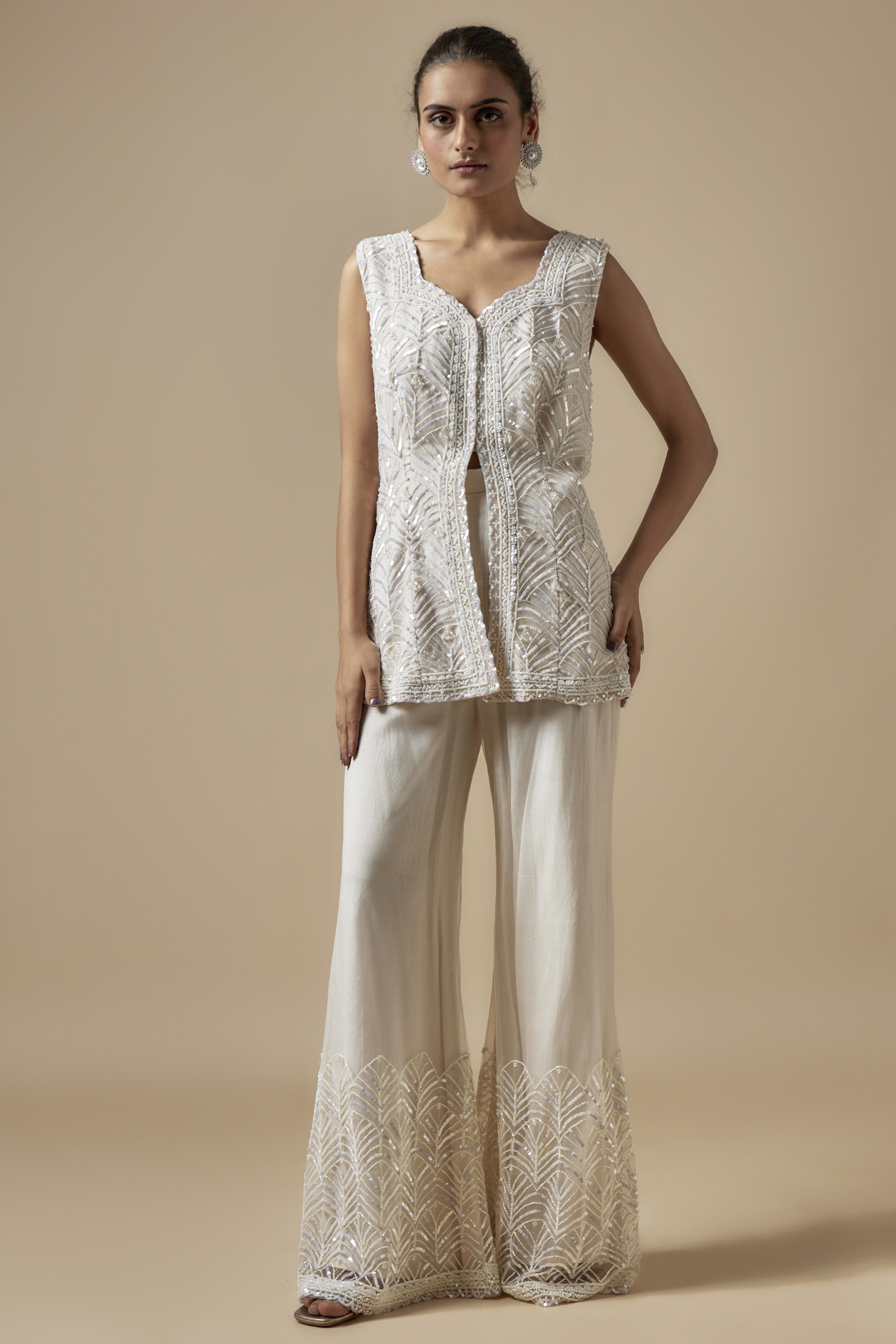 Ivory Net Hand Embellished Co-Ord Set by Kashmiraa at Pernia's Pop Up Shop