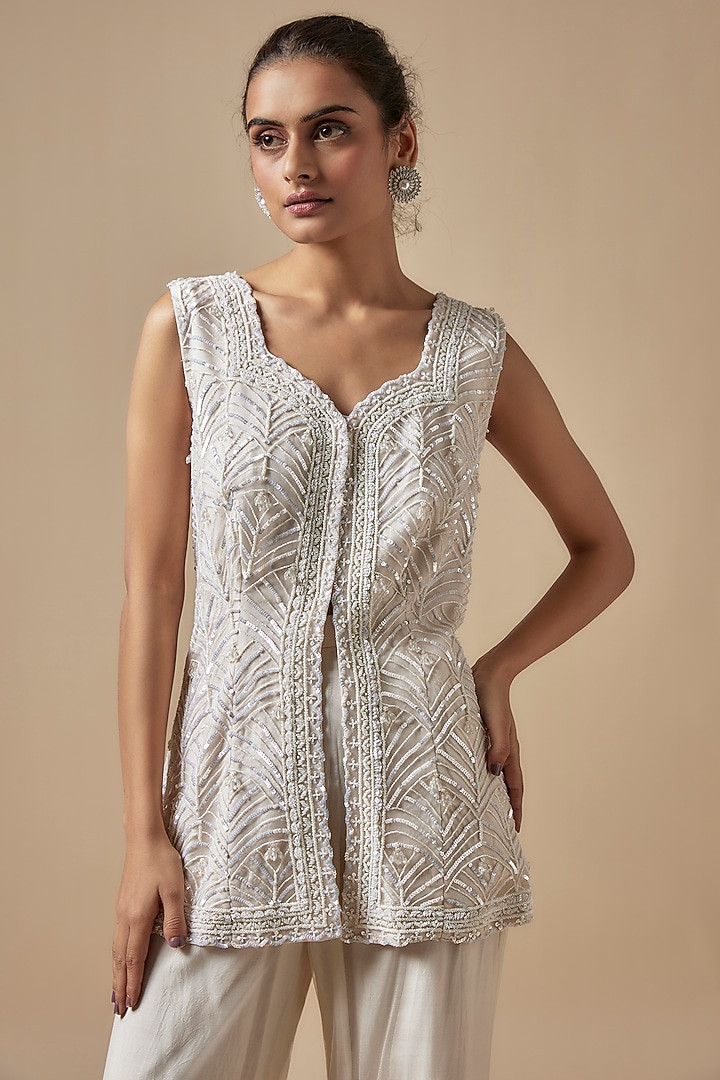 Ivory Net Hand Embellished Co-Ord Set by Kashmiraa at Pernia's Pop Up Shop