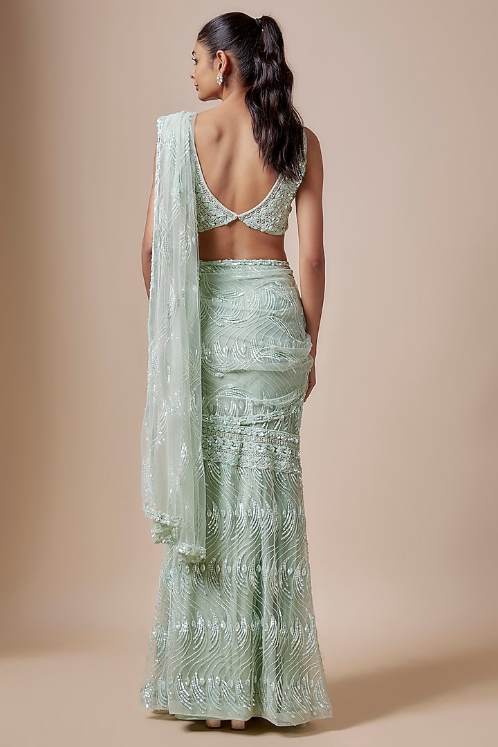 Green Net Cutdana Hand Embellished Reception Saree Set by Kashmiraa at Pernia's Pop Up Shop