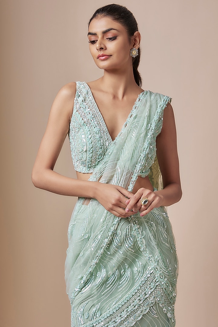 Green Net Cutdana Hand Embellished Reception Saree Set by Kashmiraa at Pernia's Pop Up Shop