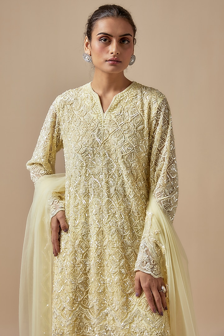 Yellow Net Cutdana Embroidered Kurta Set by Kashmiraa at Pernia's Pop Up Shop