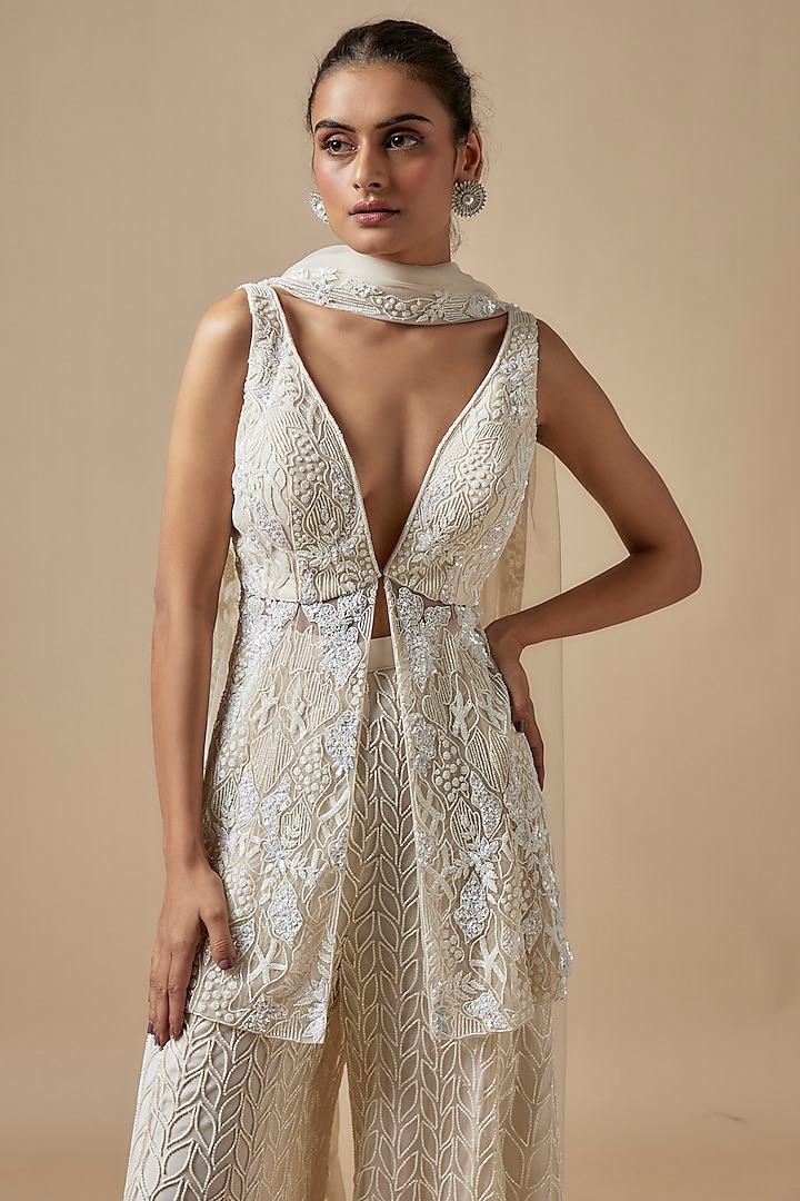Ivory Net Hand Embellished Bridal Sharara Set by Kashmiraa at Pernia's Pop Up Shop