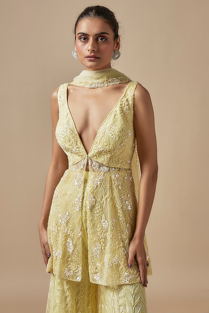 Yellow Net Hand Embellished Bridal Sharara Set by Kashmiraa at Pernia's Pop Up Shop