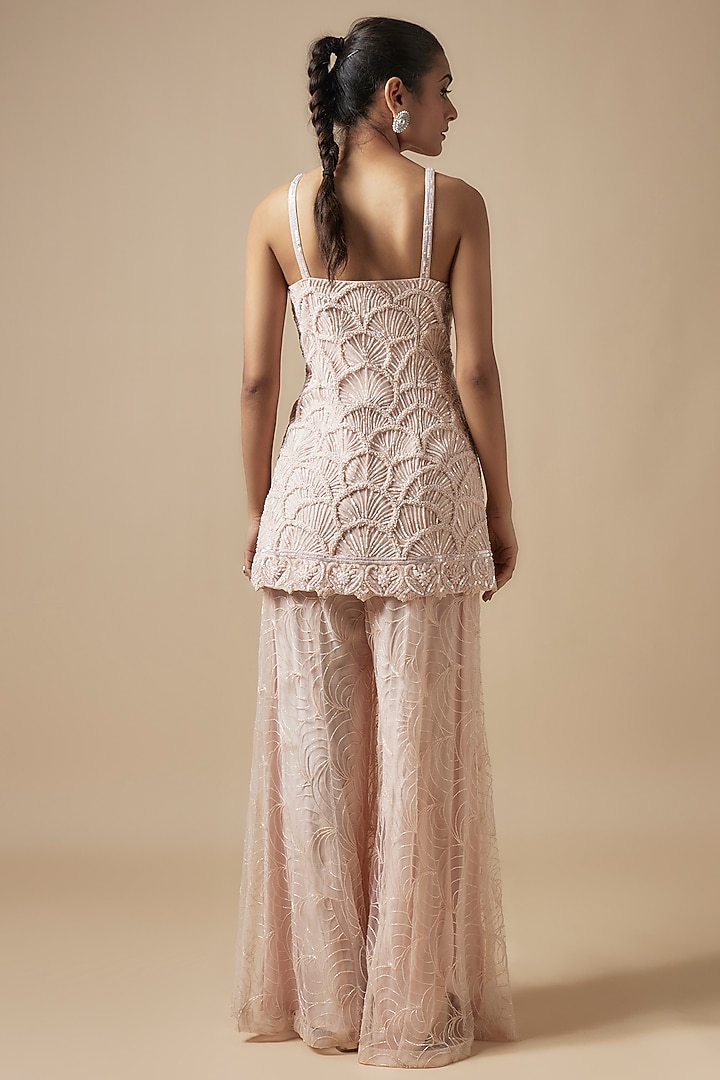 Peach Net Cutdana Hand Embellished Bridal Sharara Set by Kashmiraa at Pernia's Pop Up Shop