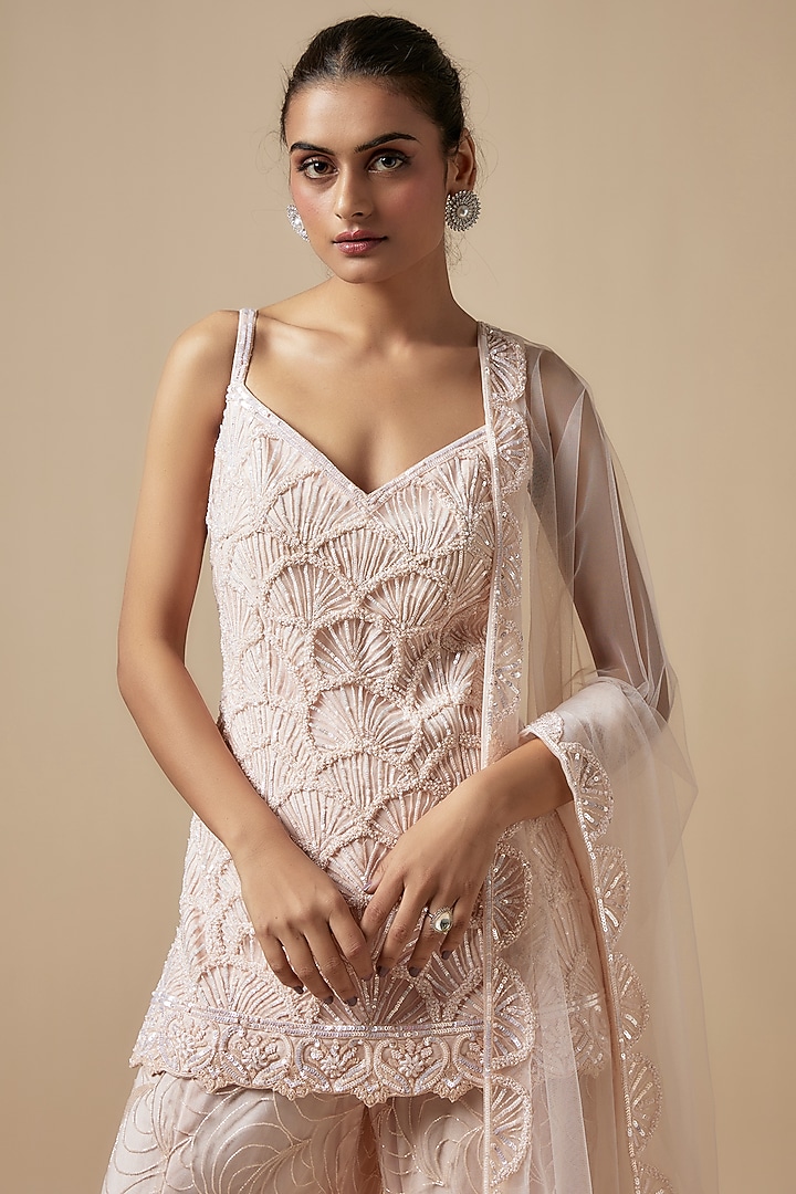 Peach Net Cutdana Hand Embellished Bridal Sharara Set by Kashmiraa at Pernia's Pop Up Shop