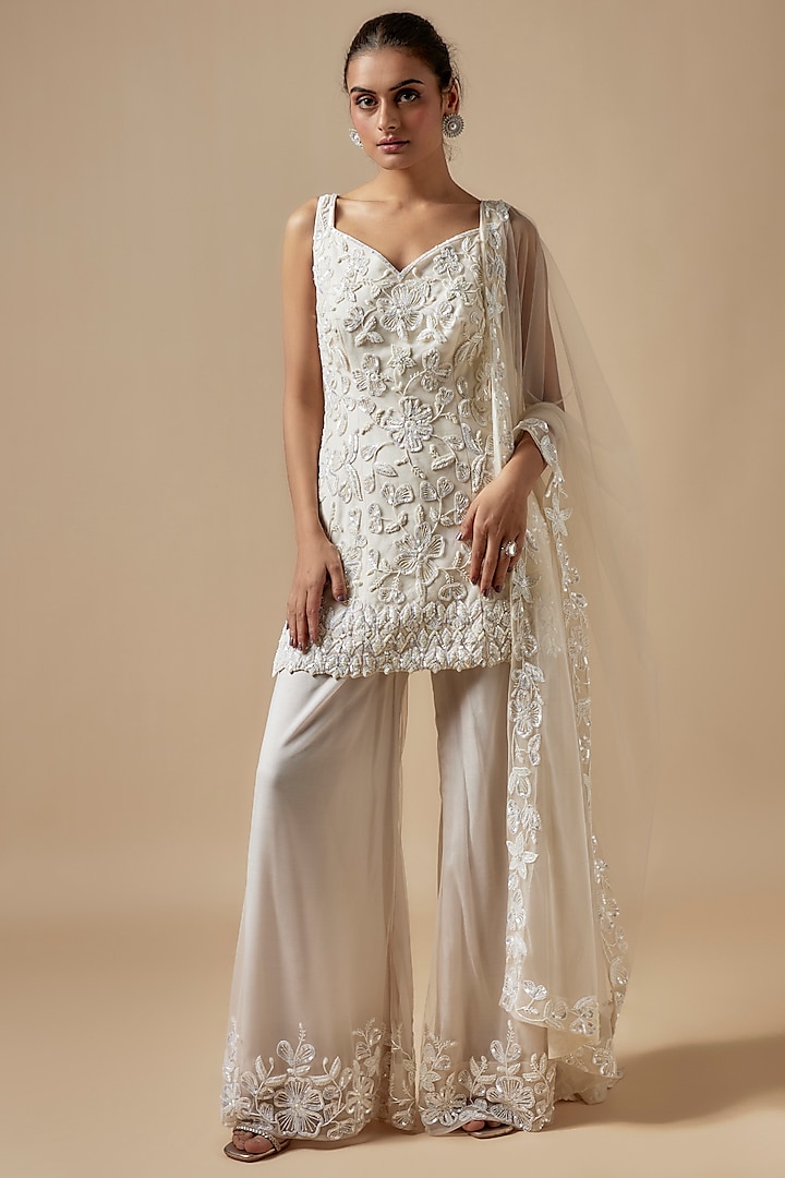 Ivory Net Cutdana Hand Embellished Wedding Sharara Set by Kashmiraa at Pernia's Pop Up Shop