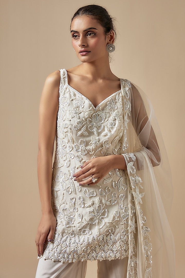Ivory Net Cutdana Hand Embellished Wedding Sharara Set by Kashmiraa at Pernia's Pop Up Shop