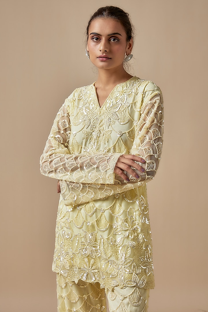 Yellow Net Cutdana Hand Embellished Kurta Set by Kashmiraa at Pernia's Pop Up Shop