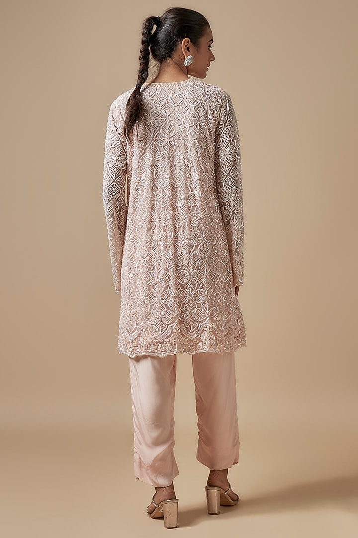 Peach Net Cutdana Hand Embellished Kurta Set by Kashmiraa at Pernia's Pop Up Shop