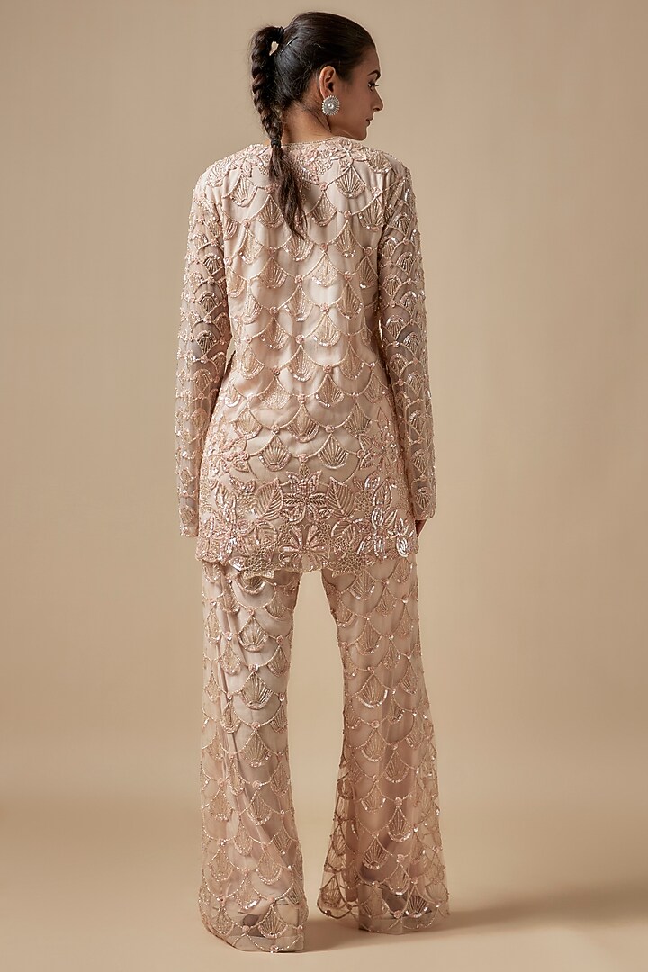 Beige Net Cutdana Hand Embellished Kurta Set by Kashmiraa at Pernia's Pop Up Shop