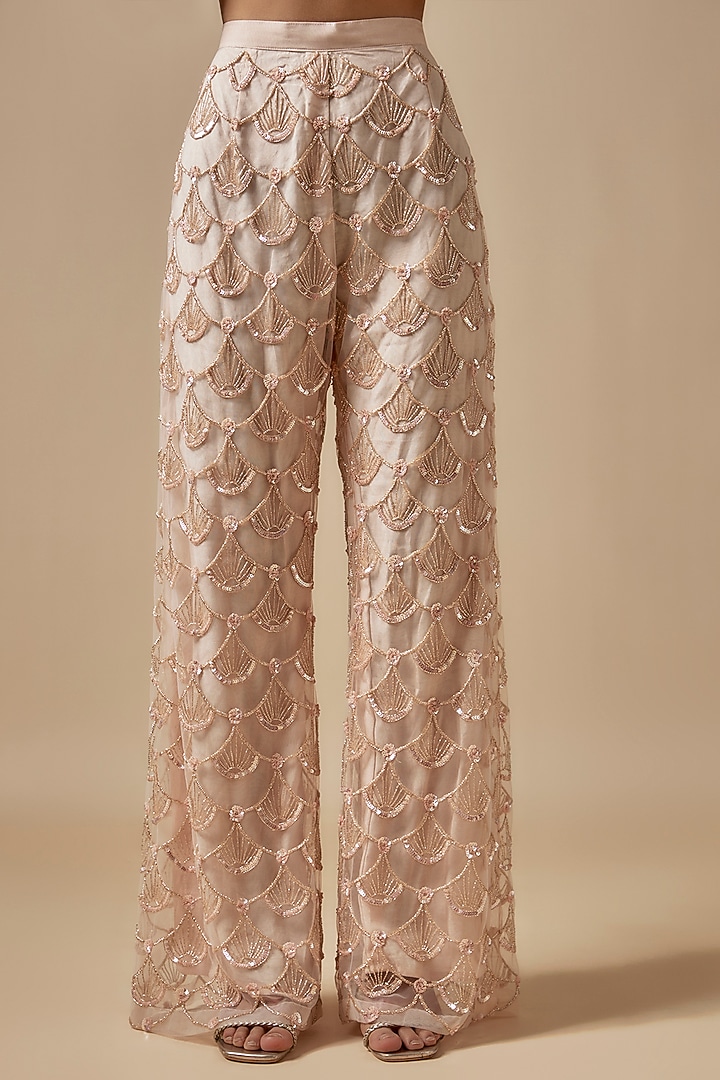 Beige Net Cutdana Hand Embellished Kurta Set by Kashmiraa at Pernia's Pop Up Shop
