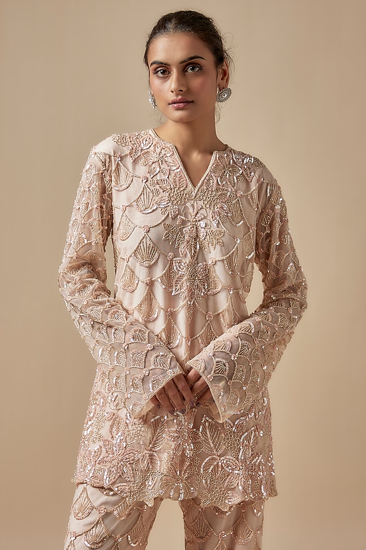 Beige Net Cutdana Hand Embellished Kurta Set by Kashmiraa at Pernia's Pop Up Shop