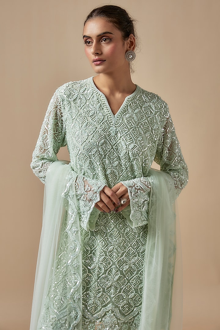 Green Net Cutdana Hand Embellished Kurta Set by Kashmiraa at Pernia's Pop Up Shop