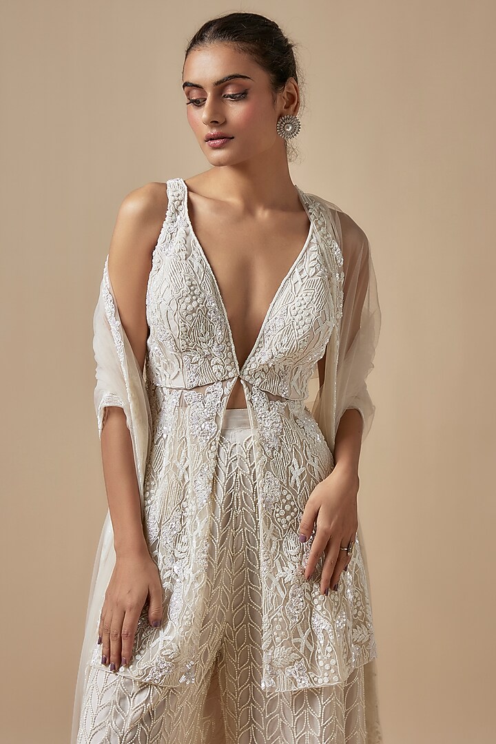 Ivory Net Cutdana Hand Embellished Bridal Sharara Set by Kashmiraa at Pernia's Pop Up Shop