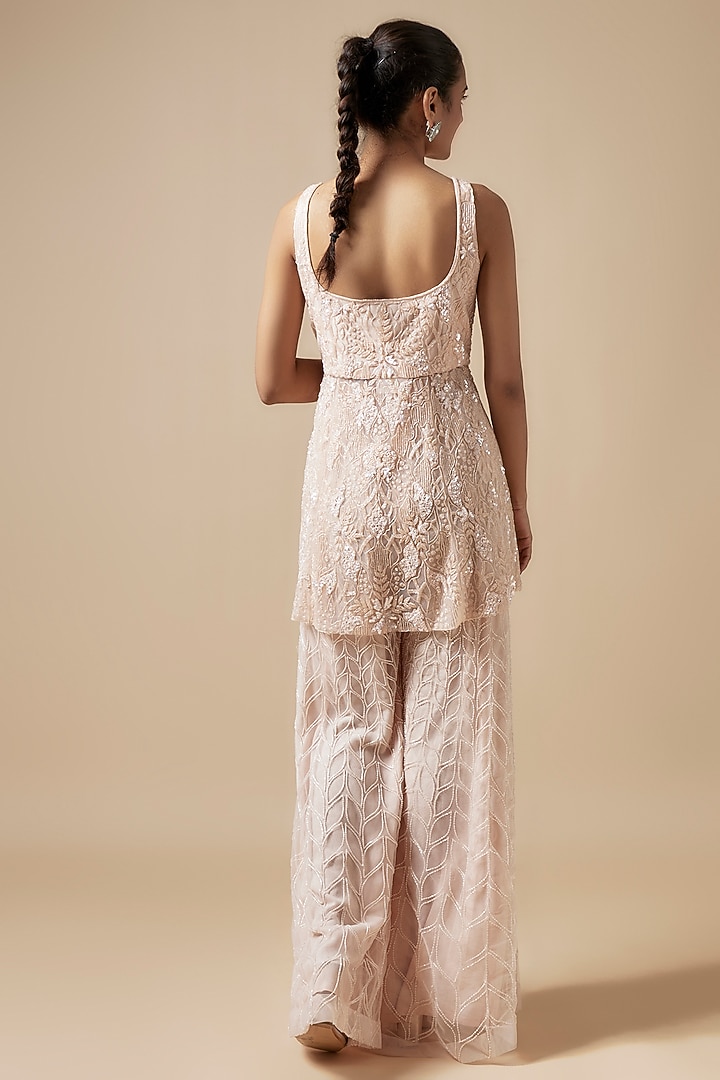 Peach Net Cutdana Hand Embellished Bridal Sharara Set by Kashmiraa at Pernia's Pop Up Shop