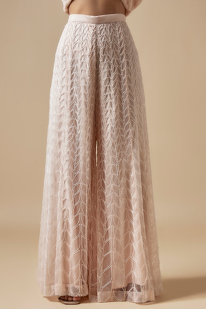 Peach Net Cutdana Hand Embellished Bridal Sharara Set by Kashmiraa at Pernia's Pop Up Shop