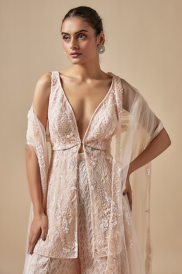 Peach Net Cutdana Hand Embellished Bridal Sharara Set by Kashmiraa at Pernia's Pop Up Shop