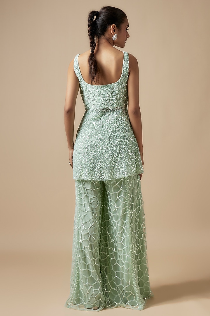 Green Net Cutdana Hand Embellished Bridal Sharara Set by Kashmiraa at Pernia's Pop Up Shop