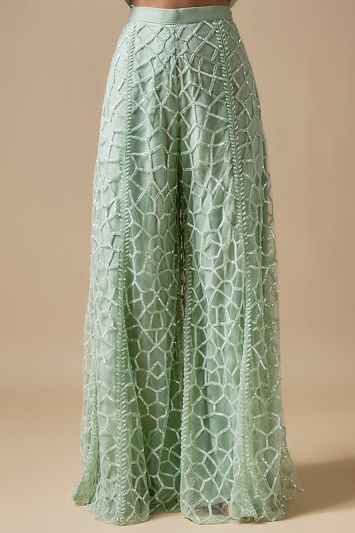Green Net Cutdana Hand Embellished Bridal Sharara Set by Kashmiraa at Pernia's Pop Up Shop