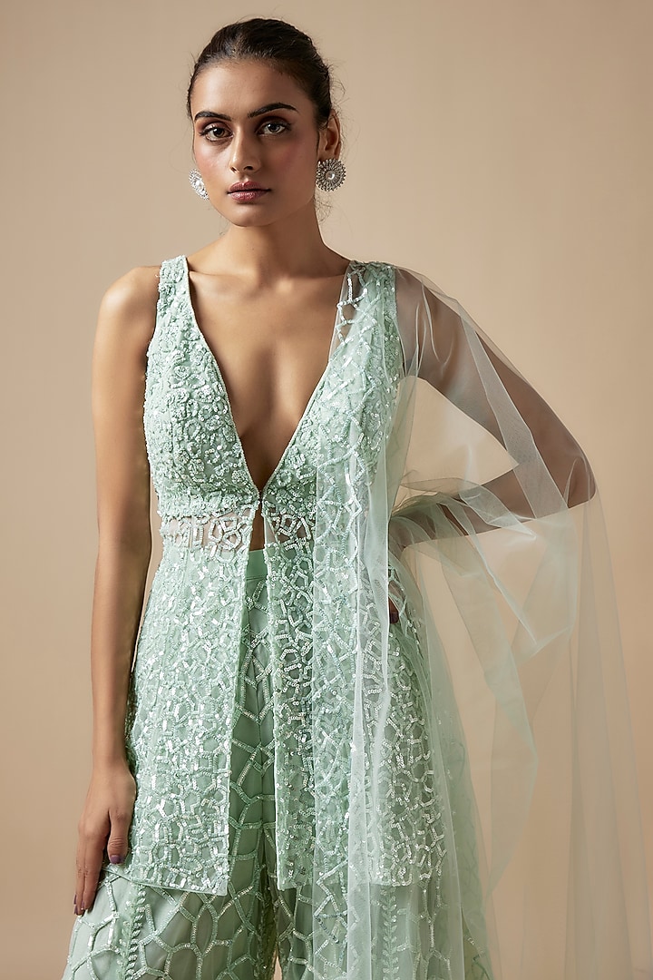 Green Net Cutdana Hand Embellished Bridal Sharara Set by Kashmiraa at Pernia's Pop Up Shop