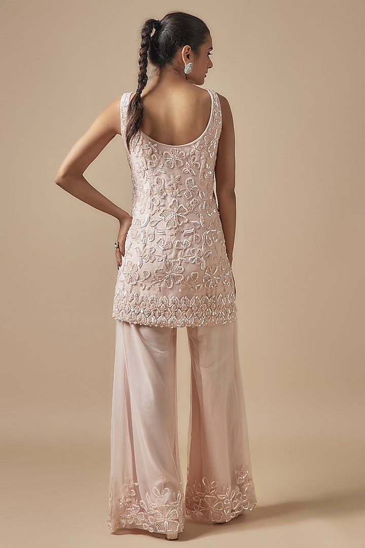 Peach Net Cutdana Hand Embellished Wedding Sharara Set by Kashmiraa at Pernia's Pop Up Shop