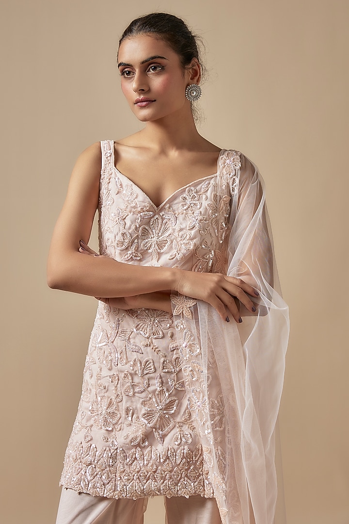 Peach Net Cutdana Hand Embellished Wedding Sharara Set by Kashmiraa at Pernia's Pop Up Shop