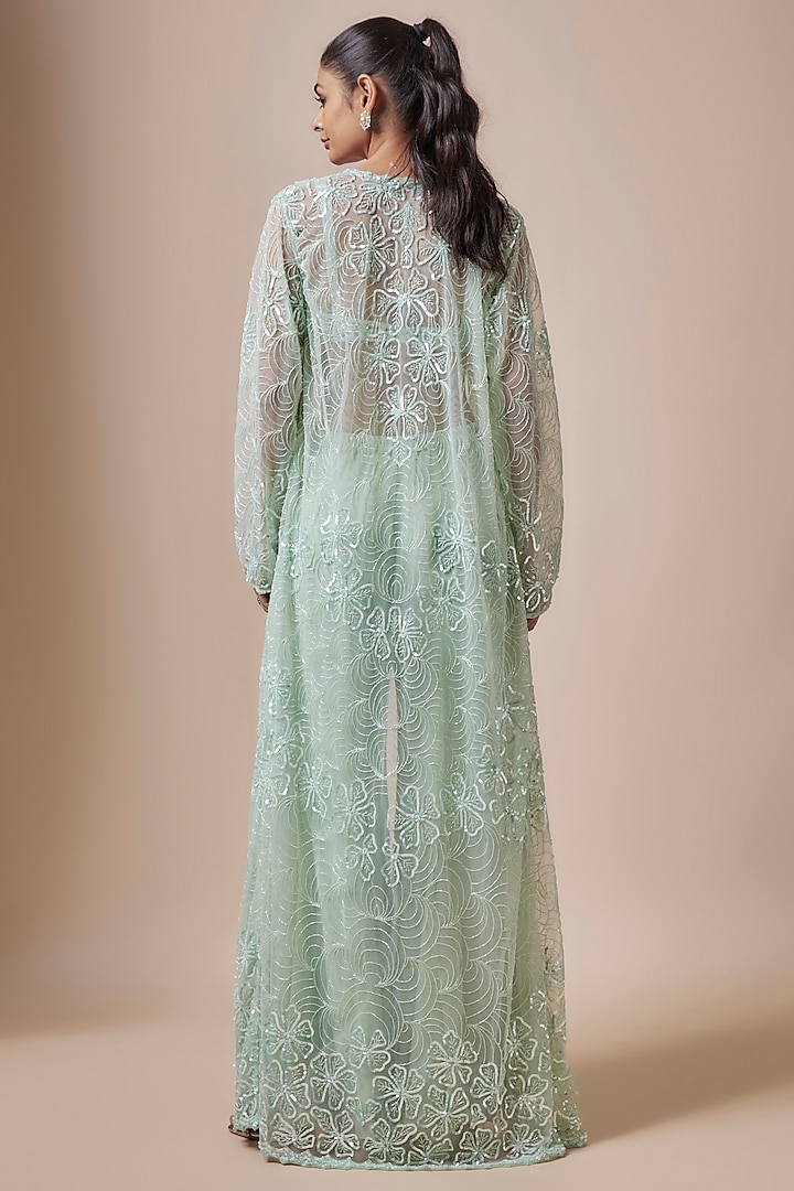 Green Net Cutdana Hand Embellished Cape Set by Kashmiraa at Pernia's Pop Up Shop