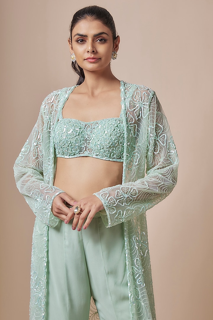 Green Net Cutdana Hand Embellished Cape Set by Kashmiraa at Pernia's Pop Up Shop