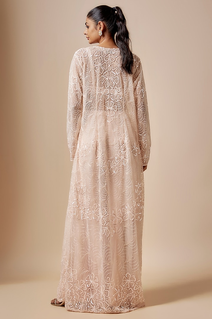 Peach Net Cutdana Hand Embellished Cape Set by Kashmiraa at Pernia's Pop Up Shop