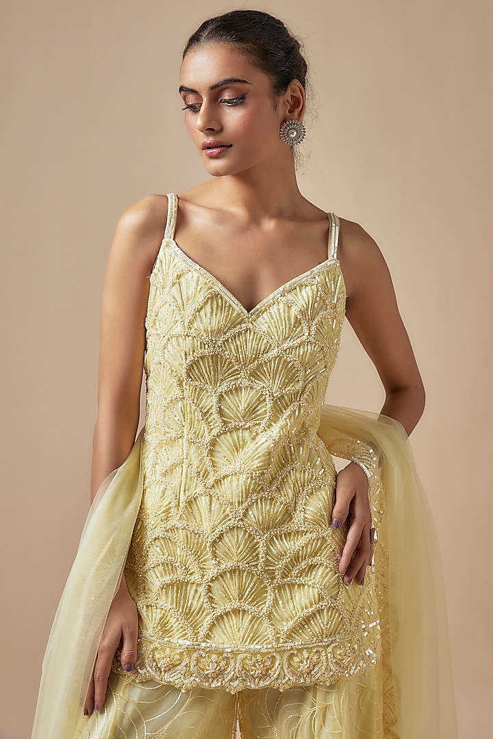 Yellow Net Cutdana Hand Embellished Bridal Sharara Set by Kashmiraa at Pernia's Pop Up Shop