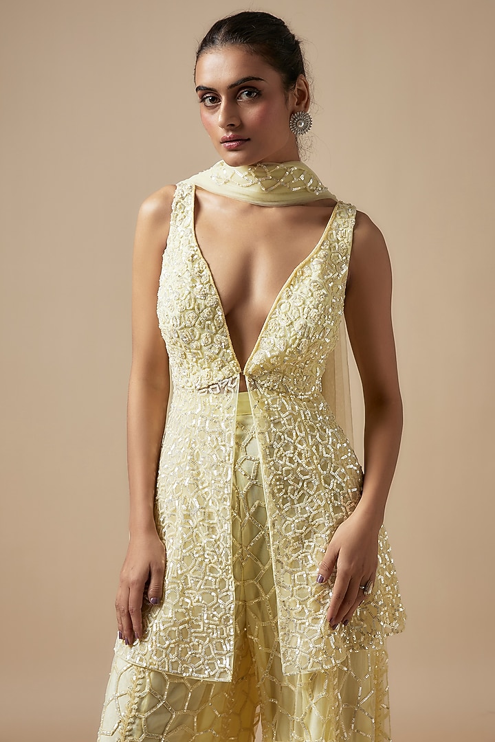 Yellow Net Cutdana Hand Embellished Bridal Sharara Set by Kashmiraa at Pernia's Pop Up Shop