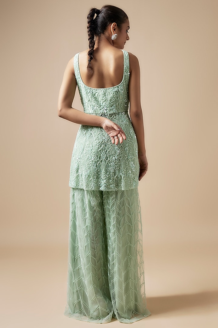 Green Net Cutdana Hand Embellished Bridal Sharara Set by Kashmiraa at Pernia's Pop Up Shop