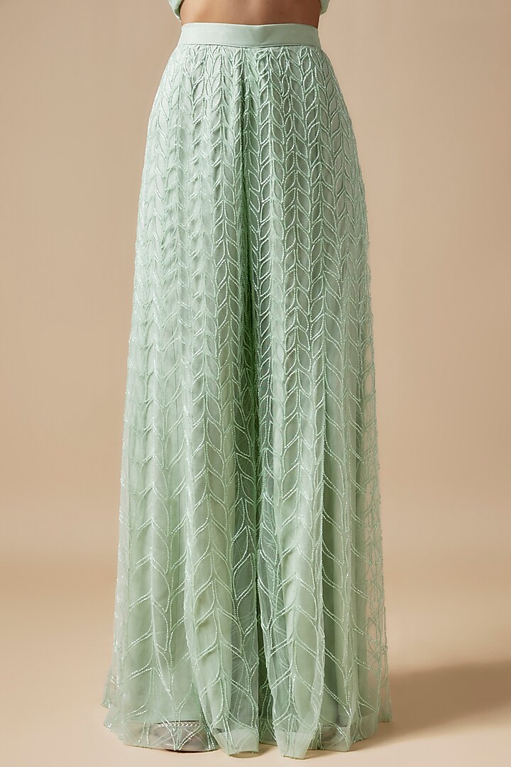 Green Net Cutdana Hand Embellished Bridal Sharara Set by Kashmiraa at Pernia's Pop Up Shop