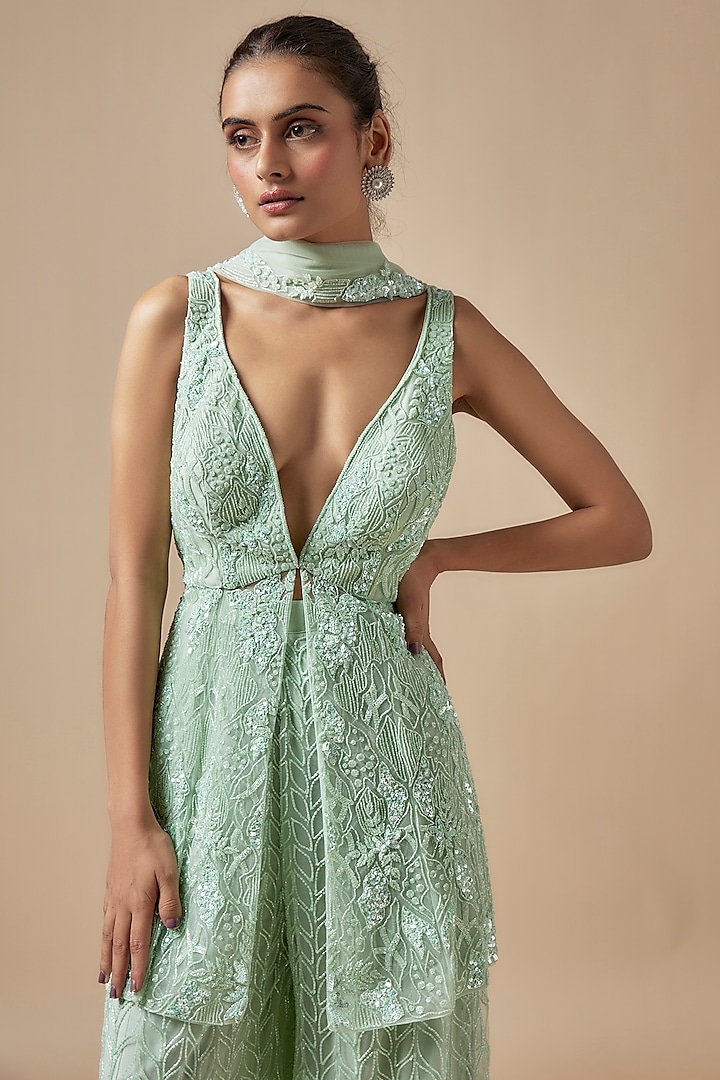 Green Net Cutdana Hand Embellished Bridal Sharara Set by Kashmiraa at Pernia's Pop Up Shop