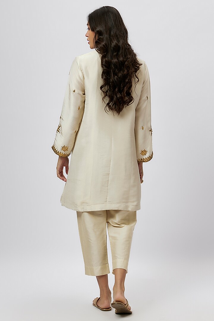 Beige Tissue Coin Embroidered Short Kurta Set by Kashmiraa at Pernia's Pop Up Shop