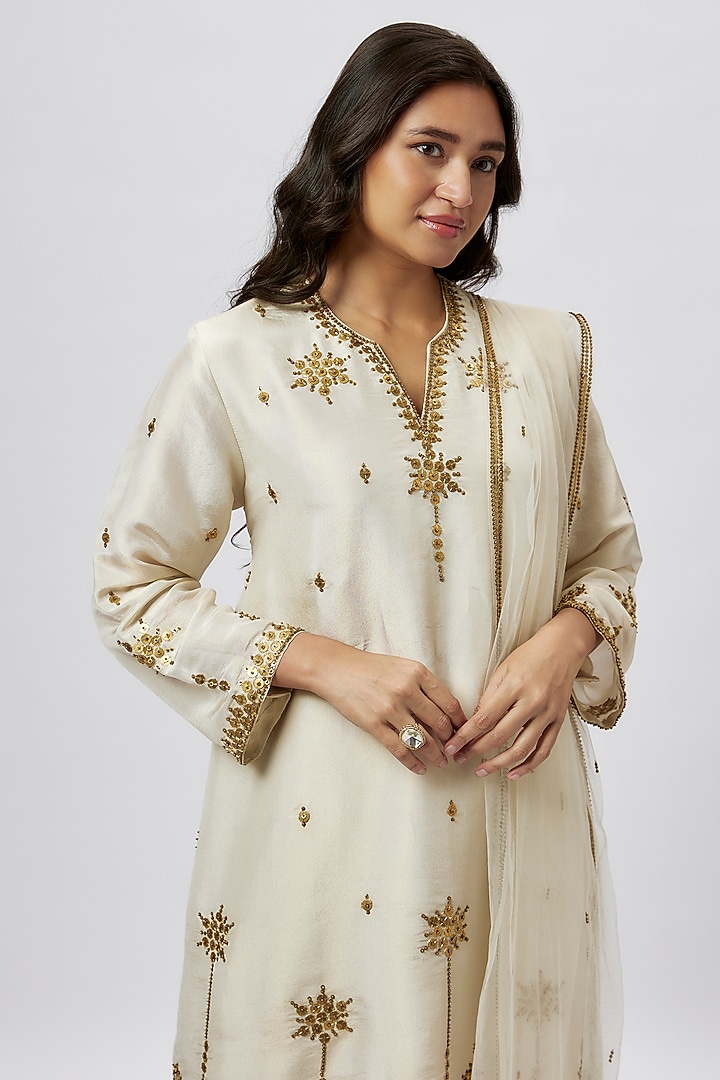 Beige Tissue Coin Embroidered Short Kurta Set by Kashmiraa at Pernia's Pop Up Shop