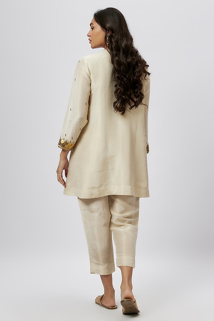 Beige Tissue Coin Embroidered Short Kurta Set by Kashmiraa at Pernia's Pop Up Shop