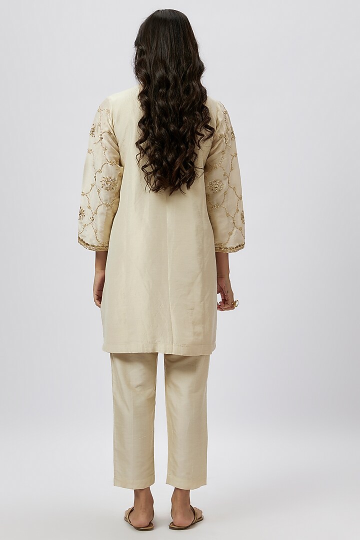 Beige Tissue Coin Embroidered Short Kurta Set by Kashmiraa at Pernia's Pop Up Shop