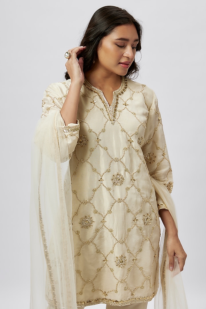 Beige Tissue Coin Embroidered Short Kurta Set by Kashmiraa at Pernia's Pop Up Shop