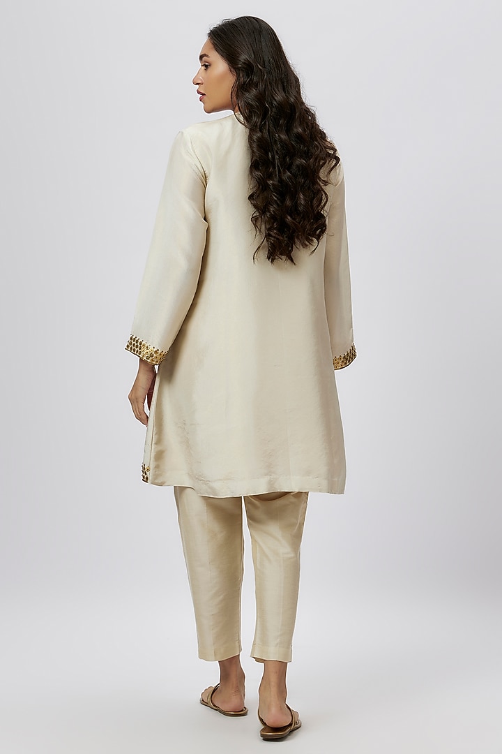 Beige Tissue Coin Embroidered Short Kurta Set by Kashmiraa at Pernia's Pop Up Shop