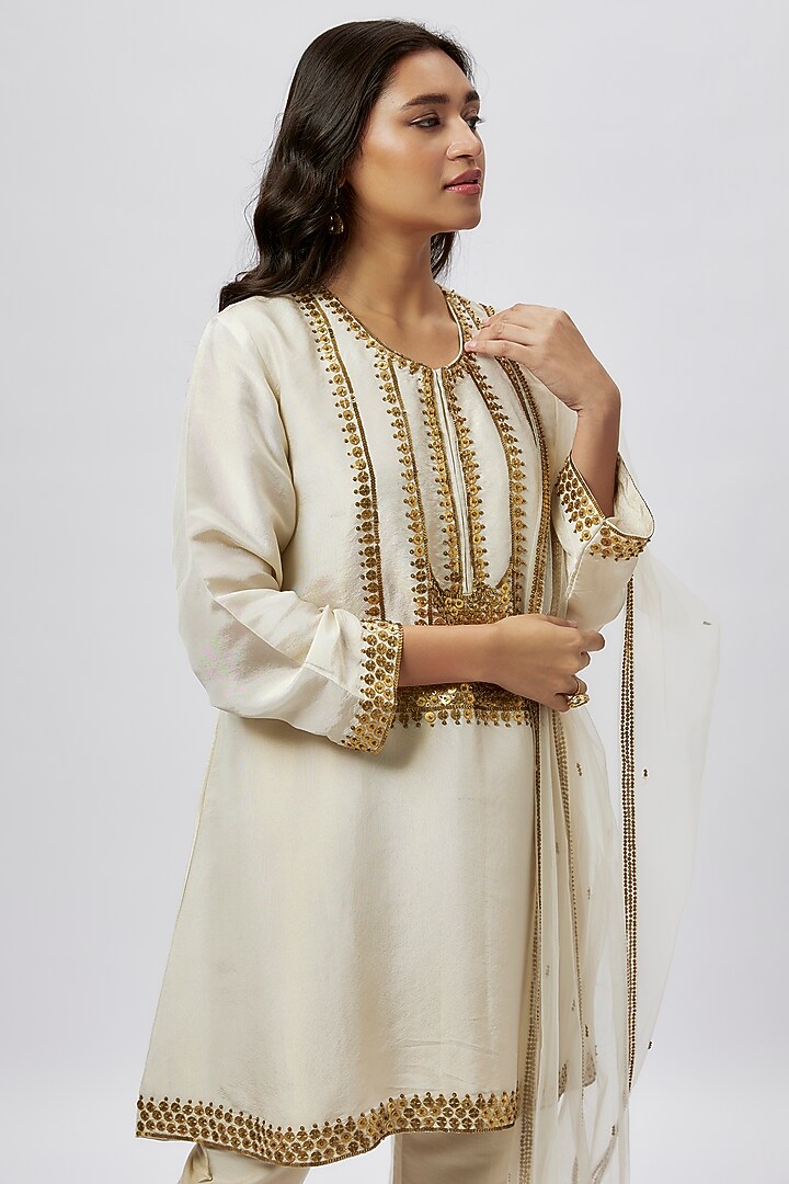 Beige Tissue Coin Embroidered Short Kurta Set by Kashmiraa at Pernia's Pop Up Shop