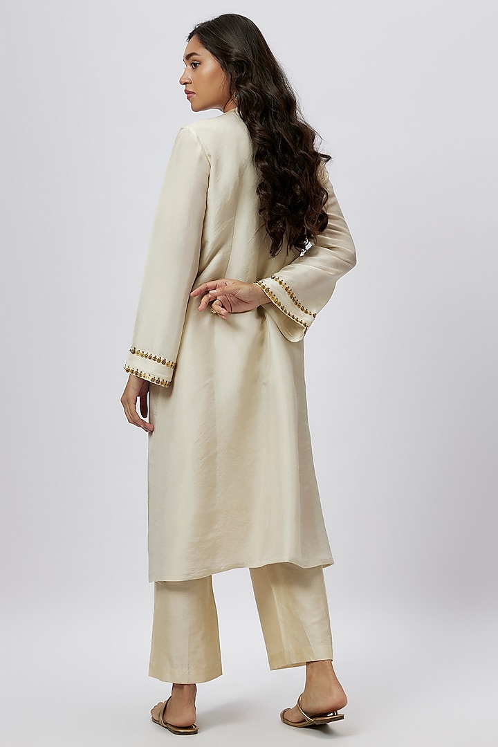 Beige Tissue Coin Embroidered Kurta Set by Kashmiraa at Pernia's Pop Up Shop
