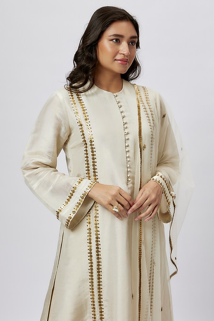 Beige Tissue Coin Embroidered Kurta Set by Kashmiraa at Pernia's Pop Up Shop