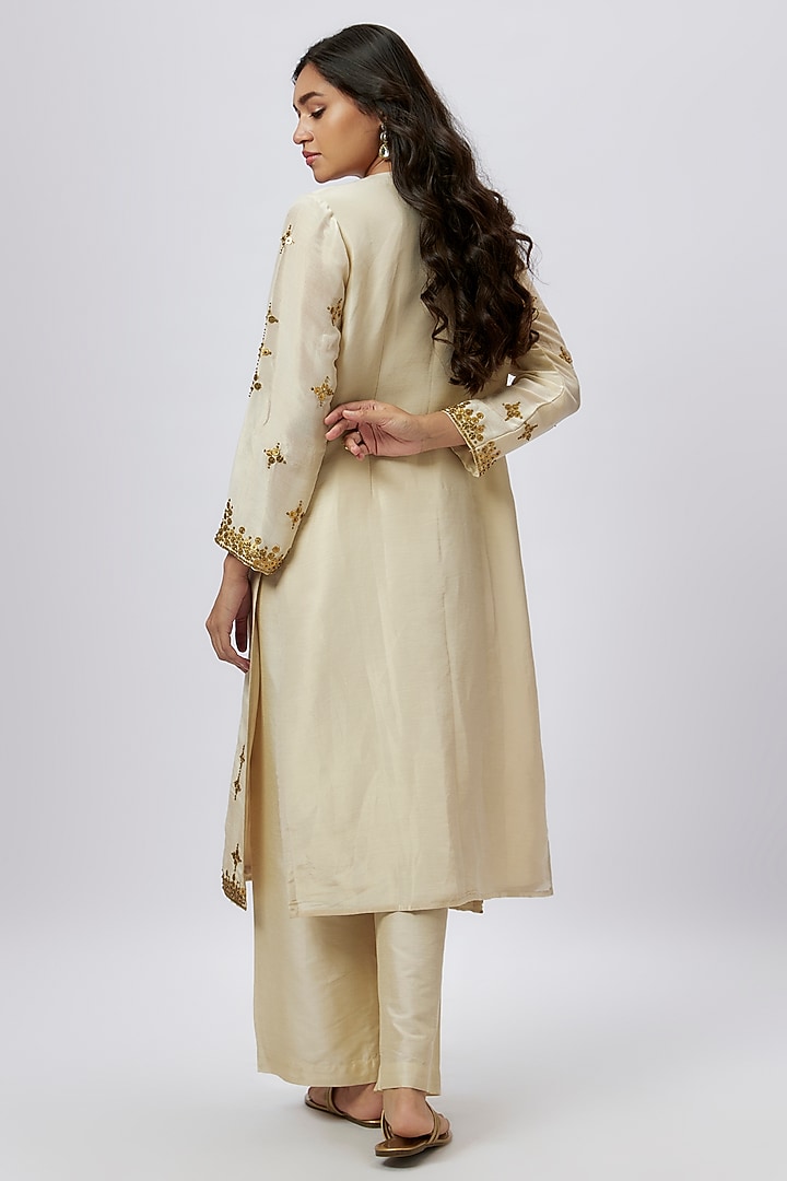 Beige Tissue Coin Embroidered Kurta Set by Kashmiraa at Pernia's Pop Up Shop