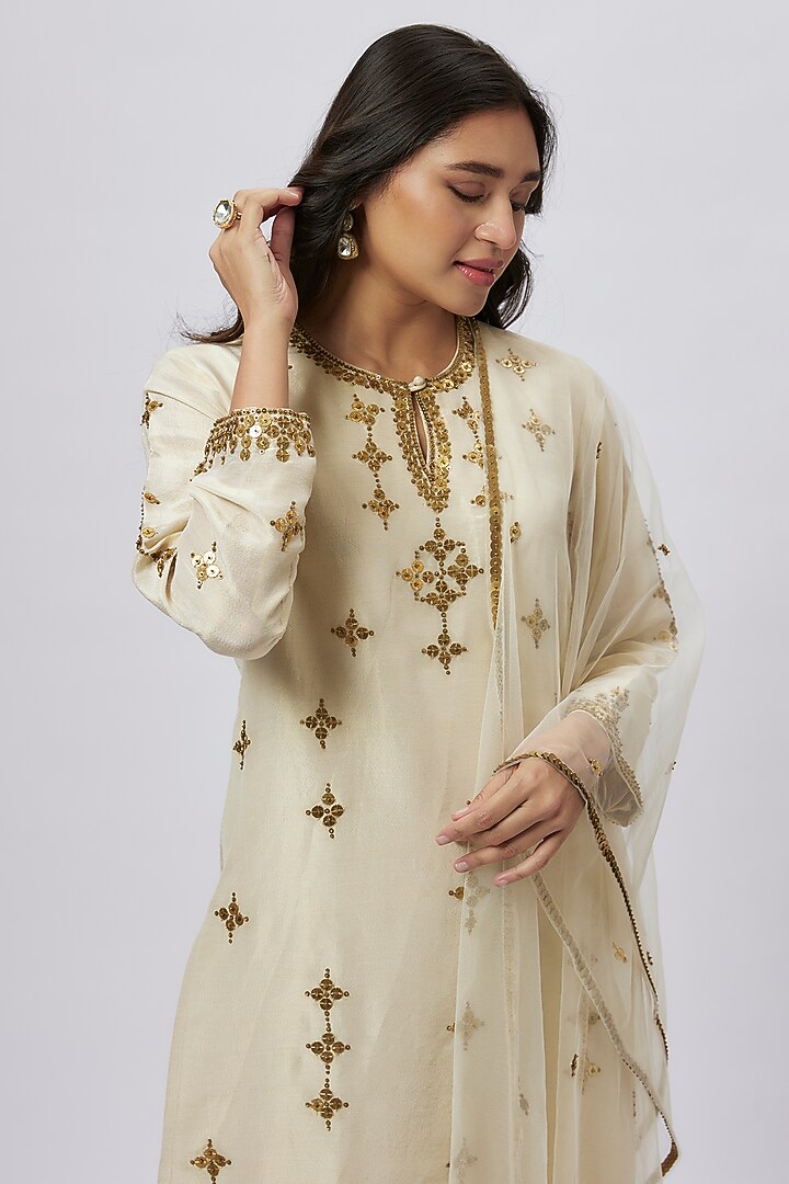 Beige Tissue Coin Embroidered Kurta Set by Kashmiraa at Pernia's Pop Up Shop