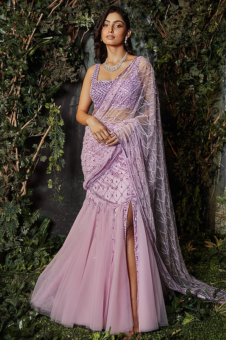 Lilac Net Embroidered Draped Gown Saree Set by Kashmiraa