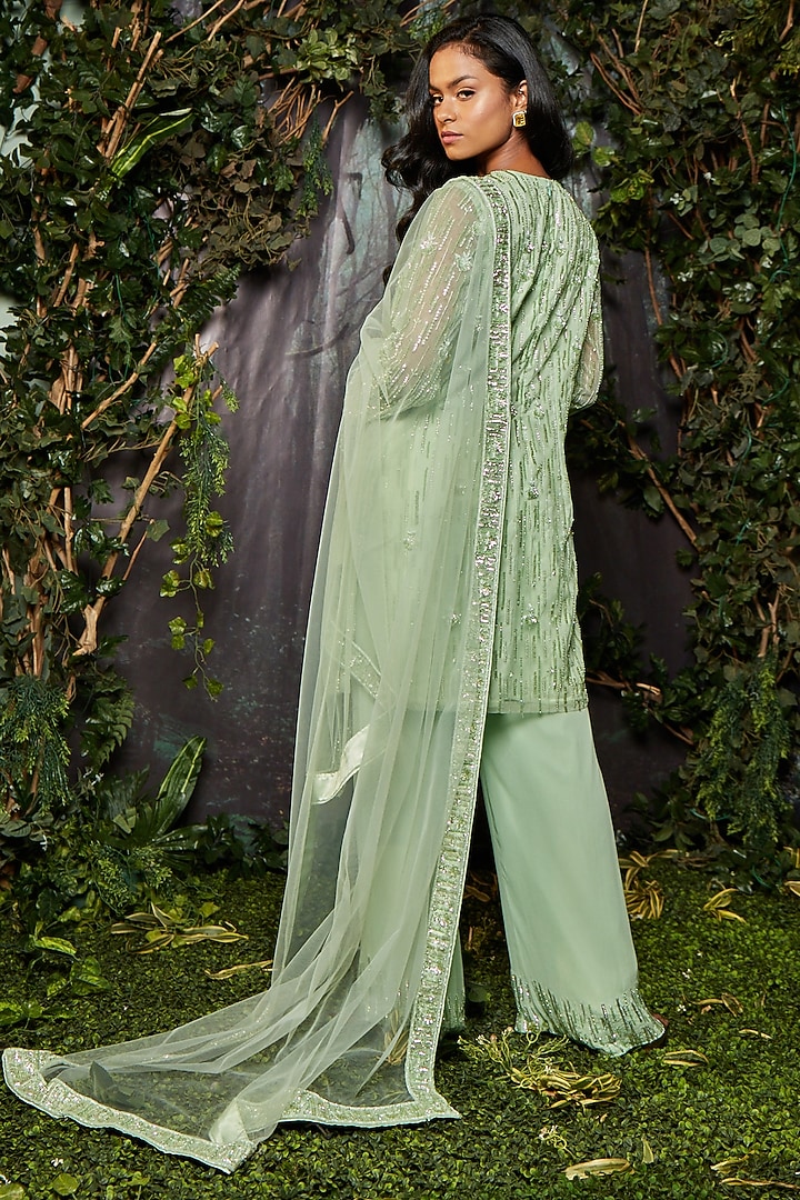 Green Georgette Organza Embroidered Kurta Set by Kashmiraa at Pernia's Pop Up Shop