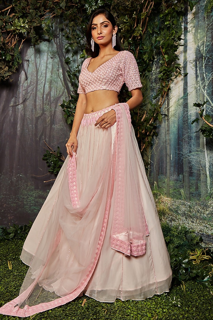 Pink Georgette Organza Embroidered Lehenga Set by Kashmiraa