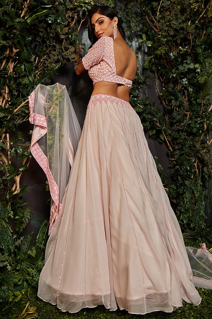 Pink Georgette Organza Embroidered Wedding Lehenga Set by Kashmiraa at Pernia's Pop Up Shop