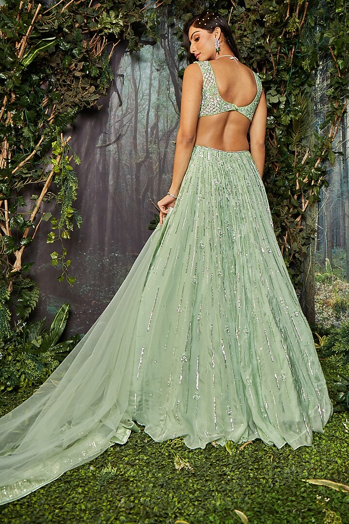 Green Georgette Organza Embroidered Wedding Lehenga Set by Kashmiraa at Pernia's Pop Up Shop